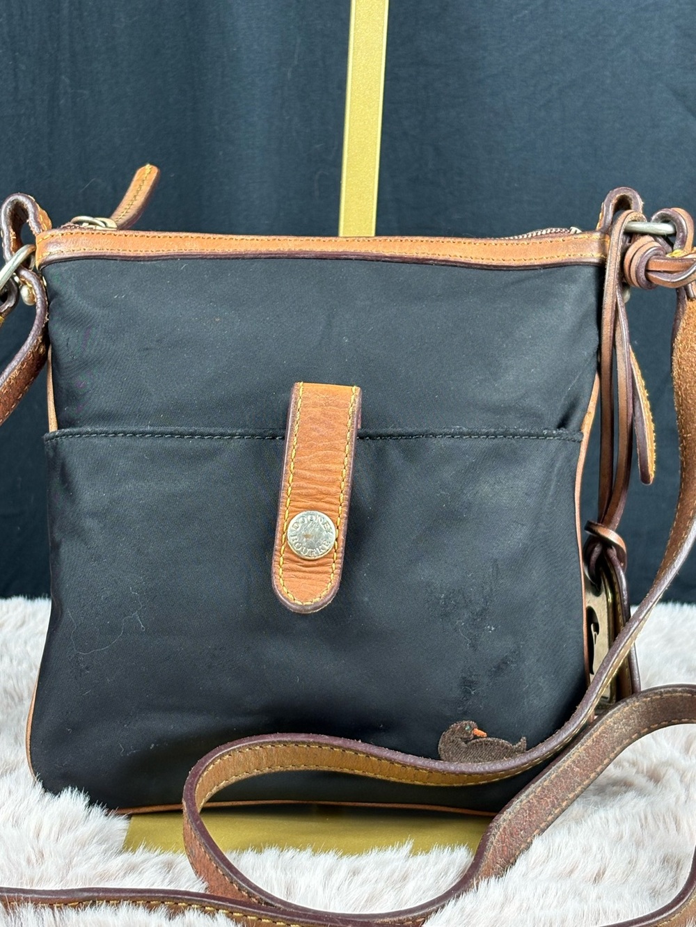 Dooney & Bourke Vintage 1975 Black Nylon Leather Crossbody Bag Hot Pink Lining